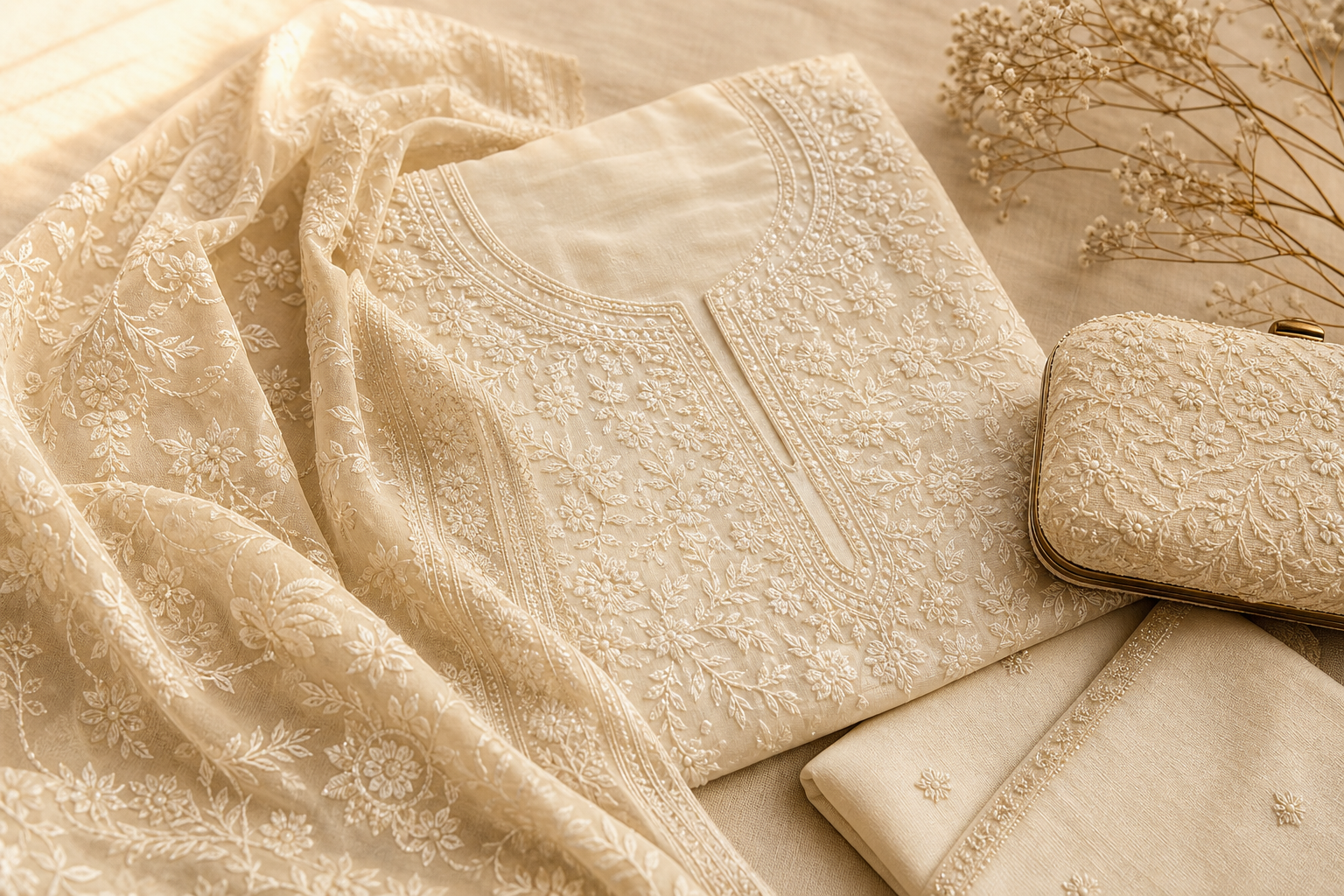 Artisan Chikankari fabrics and embroidered pieces arranged elegantly