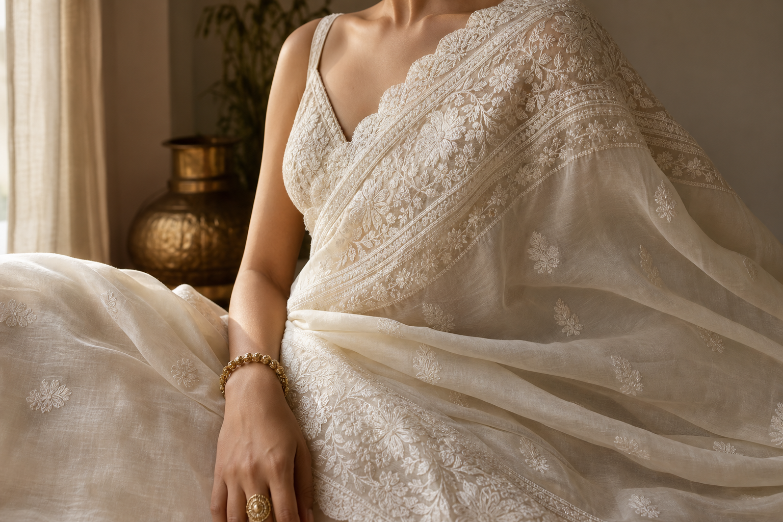 Chikankari embroidered saree in warm natural light