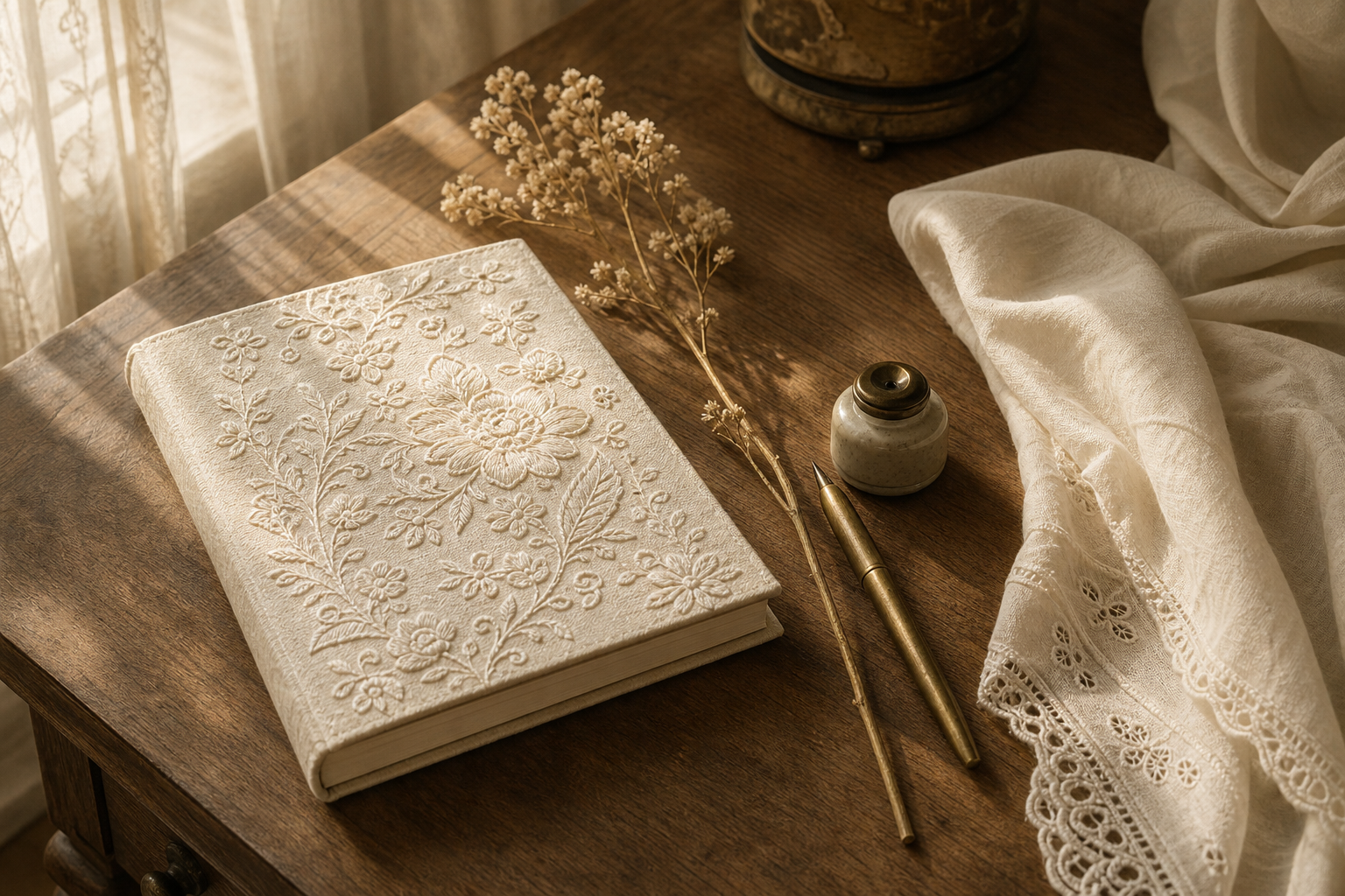 Embroidered journal and writing instruments on a warm wooden desk