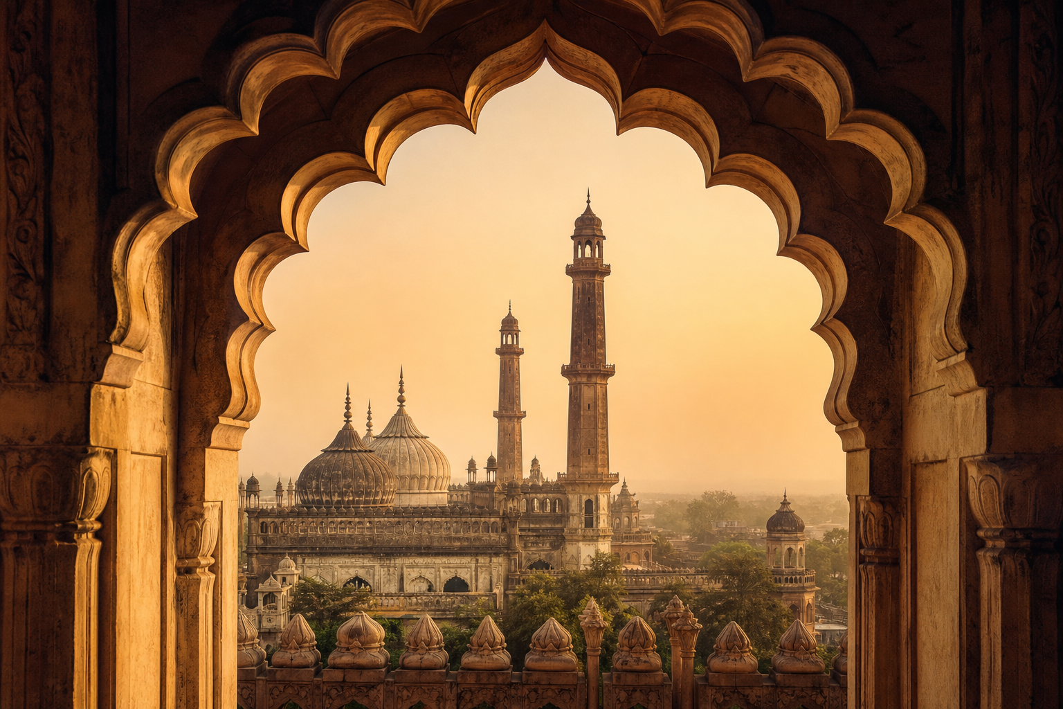Lucknow heritage architecture viewed through a stone arch