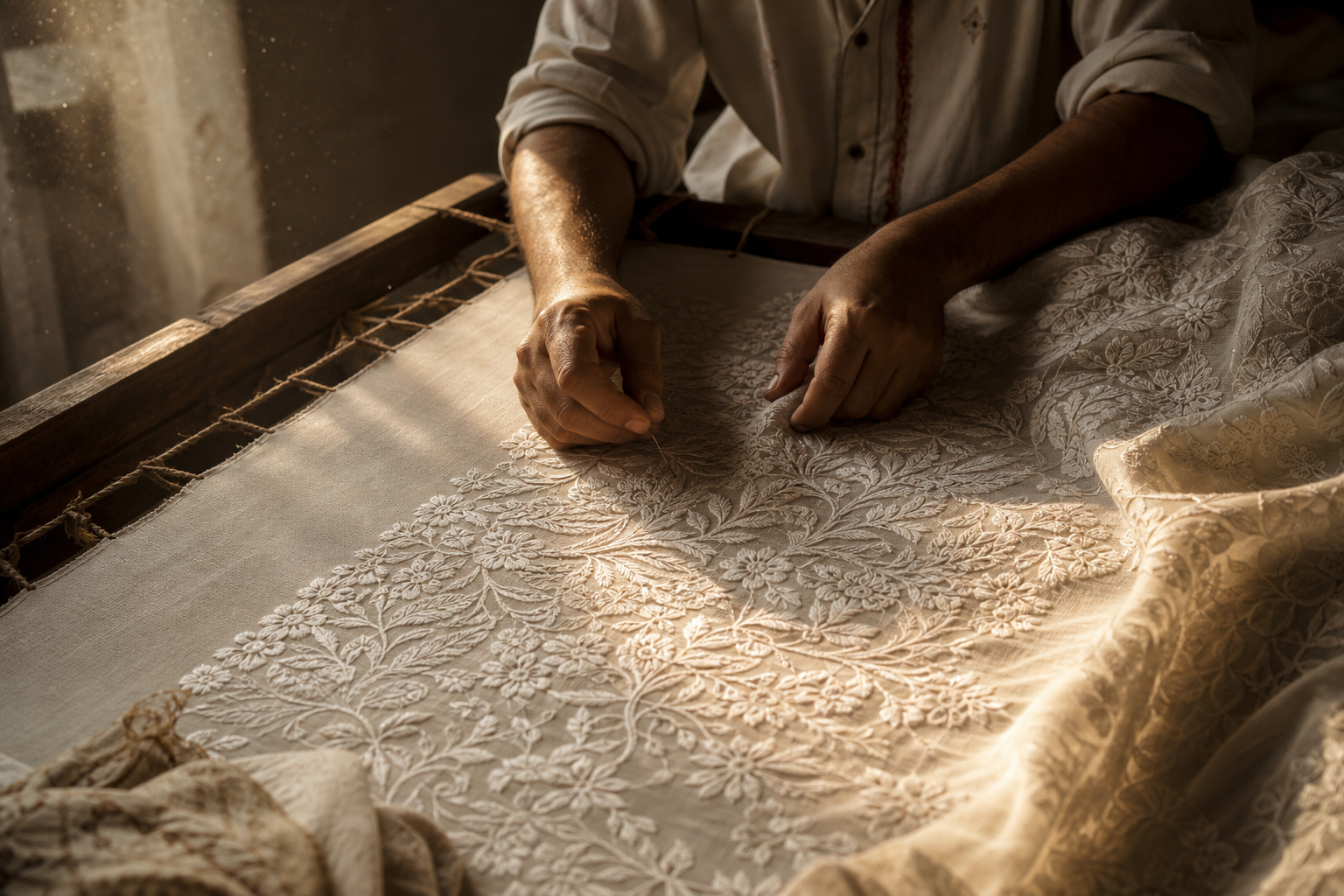 An artisan working a needle through dense Chikankari embroidery on a wooden frame